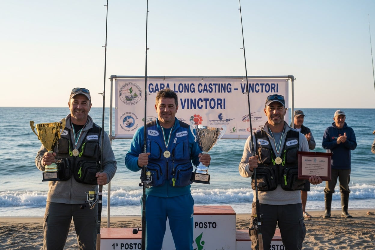 Tre pescatori sorridenti in abbigliamento tecnico tengono in mano trofei e canne da pesca su un podio in spiaggia davanti a uno striscione di una gara di long casting.